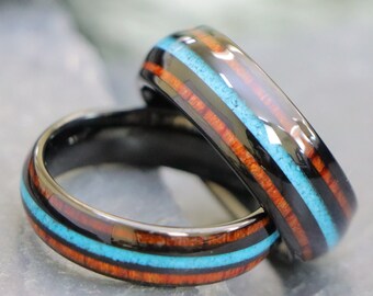 Tungsten Black Turquoise Wood Ring, Unique Wedding Ring for His and Her, Mens Womens Band, Men’s Wedding Band with Opal and Wood Couple Ring