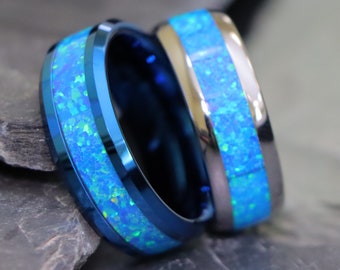 Blue Tungsten Opal Inlay Wedding Bands, Promise Ring