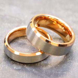 Men&#39;s Tungsten Wedding Band, Rose Gold Tungsten Ring, Gift For His and Her, Rose Gold And Silver Couple Ring, Engagement Ring, Birthday Gift