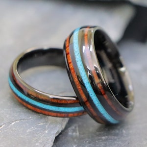Hawaiian Koa Wood Ring, Tungsten Ring, Husband Anniversary Gift, Wooden Couple Ring, Tungsten Ring for Couple, 8mm Black Turquoise Wood Ring
