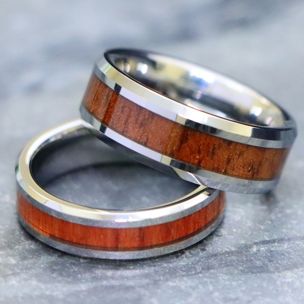 Mens Tungsten Wedding Band, Koa Wood Inlay - 8mm/6mm Men's Silver Polished Rings, Anniversary Gift, Mahogany Tungsten 6mm Mens Wedding Rings