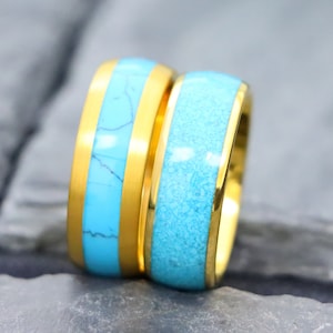 Men&#39;s Gold Plated Tungsten Wedding Band, Dome Tungsten Carbide Promise Ring for Him, Blue Turquoise Inlay Engagement Ring, Yellow Gold Rings