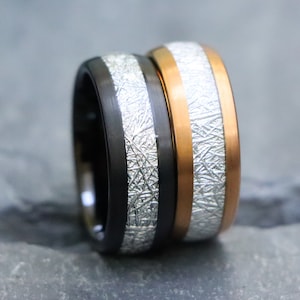 Rose Gold Mens Tungsten Band, Custom Engraved Ring, Fathers day Gift, Black Wedding Band, Meteorite Tungsten Ring, Unisex Tungsten Band Ring