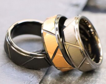 Mens Wedding Band, Husband Anniversary Gift, Gunmetal Tungsten Wedding Bands, Stepped Edges Trapezoid Pattern Brushed Ring, Engagement Rings