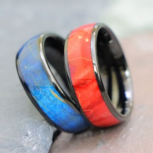 Engagement Ring for Man, Red Burgundy Color Dyed Wood Inlay Black Tungsten Ring, 8mm Men Tungsten Carbide Wedding Band, Blue Wood Inlay Ring