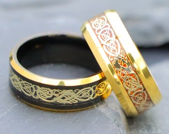 Men's Wedding Laser Engraved Promise Ring, Men Tungsten Wedding Band, Black Tungsten Band, 8mm Gold Celtic Dragon Rings, Celtic Wedding Ring