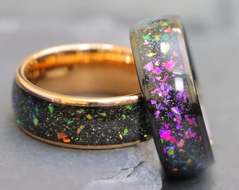 Unique Opal Abalone Fragment Inlay Ring, Dome Black Tungsten Wedding Band, 8MM Purple His Hers Anniversary Gift, Mens Women Ring, Gift Ring