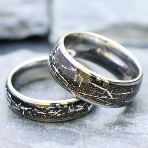 His & Her Wedding Rings, 8mm Galaxy Meteorite Black Dome High Polish Tungsten Carbide Rings, Couple Wedding Bands, Engraved Anniversary Gift