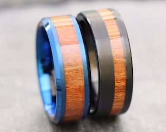 Tungsten Wedding Bands, Black Tungsten Ring, Engagement Ring, Unique Men's Ring, Blue Wedding Band, Womens Hawaiian Koa Wood Ring, 8mm Bands