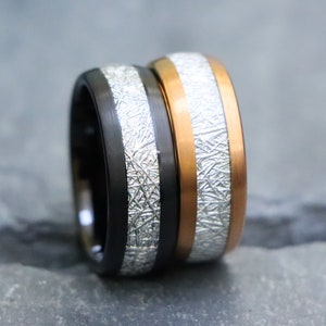 8mm Rose Gold Mens Tungsten Band, Custom Engraved Ring, Fathers day Gift, Black Meteorite Tungsten Wedding Ring, Unisex Brushed Wedding Band