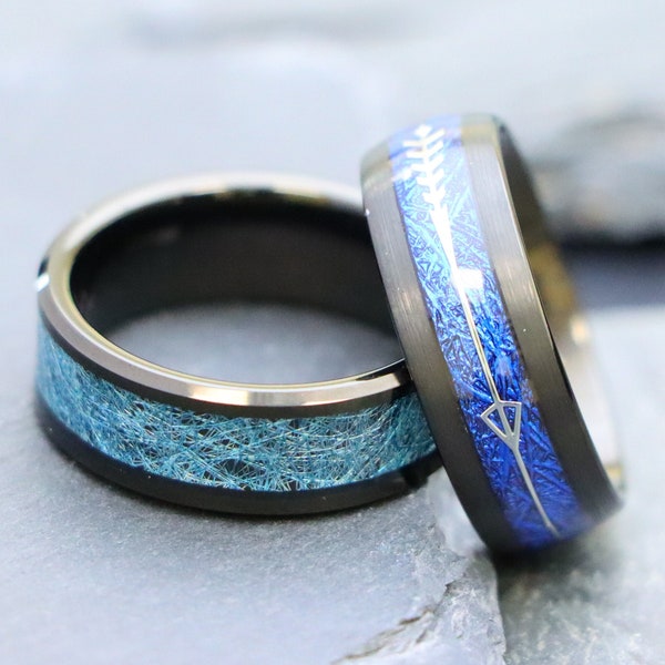 Blue Meteorite Ring ,Arrow Design Ring, Black Tungsten Anniversary Ring, Engagement Rings, Comfort Fit Rings, Silk Thread Inlay Unique Rings