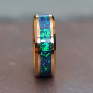 Tungsten Carbide Wedding Ring, Engraved Couple Anniversary Ring Rose Gold Opal Ring Wedding Band, Green Opal Ring Wedding Band for Men Women