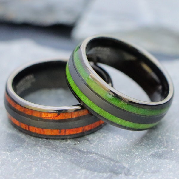 Mens Wedding Band, 8mm Double Koa Wood Tungsten Ring, Anniversary Promise Ring for Him, Two Inlay Exotic Green Wood Inlay Dome Wedding Ring