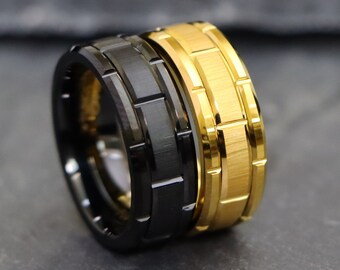 Gold Tungsten Wedding Band, Husband Anniversary Gift, Promise Ring, Classic Men Wedding Band, 8mm Unique Brick Pattern Grooved Cut Edge Band