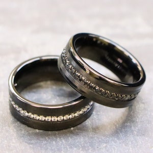 Tungsten Men&#39;s Ring, 8mm Men Tungsten Ring, Men&#39;s Black Wedding Band with Diamond Eternity Style Ring, His and Hers Rings, Personalized Ring