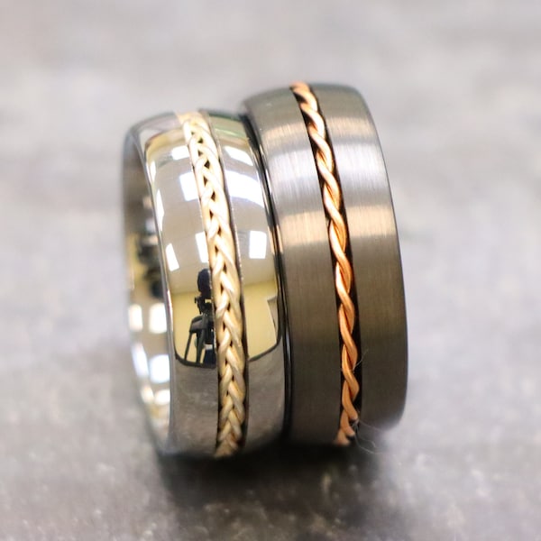8mm Silver Tungsten Ring, Tungsten Wedding Ring, Brushed Gun Metal Gray Dome Ring, Rose Gold Rope Inlay Center, Mens Wedding Band, Mens Ring