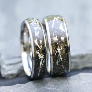 6mm Dome Black Tungsten Wedding Band with Silver Meteorite Inlay, Men&#39;s Meteorite Engraved Promise Ring