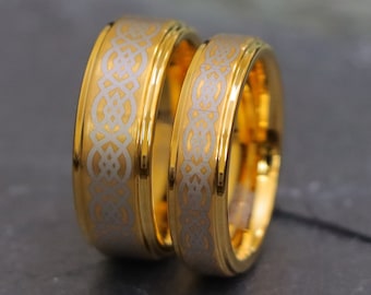 Mens Wedding Band, Gold Tungsten Ring, Celtic Rings, Men Celtic Knot Ring, High Polished Stepped Edges Brushed Ring, Women Anniversary Rings