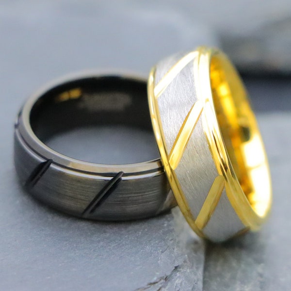 Men Women Tungsten Wedding Band, 8MM Two-tone Gray & Yellow IP Plated Notched Ring, Custom Engraved Personalized Ring, Gold Groove Band Ring