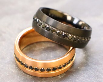 Men Black Sapphire CZ Stone Tungsten Carbide Rings, CZ Stone Wedding Rings with Brushed Center - 8mm Band, Rose Gold Eternity Tungsten Rings