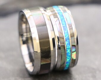 Unique Promise Ring, Mens Anniversary Ring Engraved, Tungsten Wedding Ring, Tungsten with Dark Mother of Pearl Inlay Band, Mens Wedding Ring