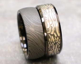 Men Women Tungsten Wedding Band, Black IP Ring with Laser Carved Rock Art Pattern Rings, Custom Engraved Personalized Ring, Mokume Gane Band