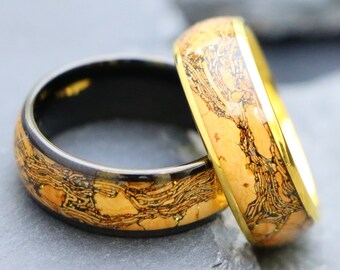 Male Black Ring, Domed Tungsten Cork Inlay Ring, Yellow Gold Ring, Men Women Wedding Bands, Anniversary Ring, Engagement Rings, Promise Ring