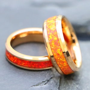 Tungsten Opal Ring, Red Fire Opal Inlay Anniversary Ring, Rose Gold Wedding Band, Unique Tungsten Carbide Ring, 6mm-8mm Men Engagement Rings