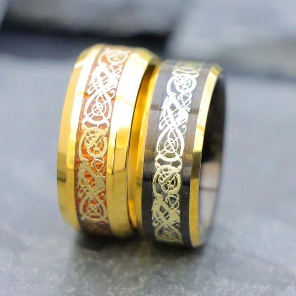 Celtic Wedding Ring, Gold Titanium Ring, Rose Wood Inlay Womens Ring, Men's Irish Knot Dragon Ring, Mens Knot Ring, Men's Tungsten Band Ring