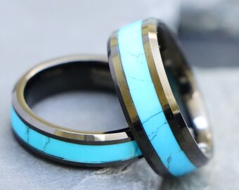 Black IP Tungsten Wedding Ring, Turquoise Inlay Anniversary Band, Promise Rings, Gift for Couples, Gift for Boyfriend, Blue Engagement Bands