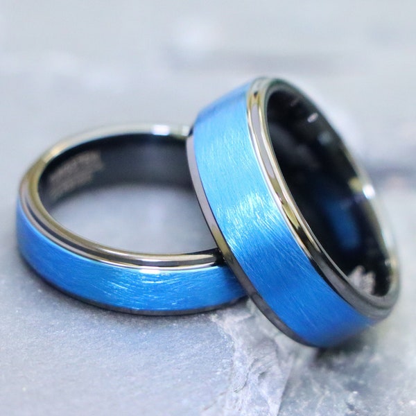 Blue Tungsten Wedding Band, Bridal and Groom Ring, Men's Black and Blue Wedding Ring, Wire Brushed Wedding Ring, Polished Edge Wedding Band