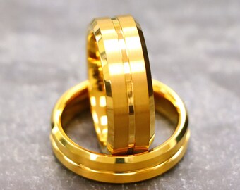 Grooved Gold Tungsten Couple's Matching Wedding Band, Mens Gold Wedding Band, Gold Wedding Band, Men Wedding Band, Gold Ring, Thin Gold Ring