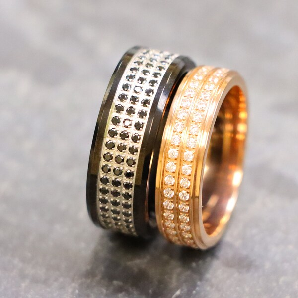 Rose Gold Wedding Band, Round cut Diamond Men's Ring, 6mm Women's Ring, Men's Engagement Ring, Black Diamond Band, Anniversary Titanium Ring