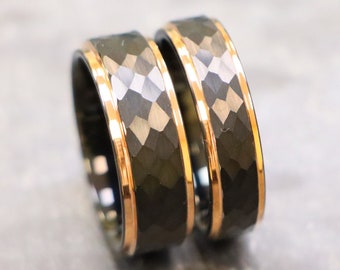 Mens Rose Gold Tungsten Wedding Rings, Anniversary Ring for Couple, His and Hers Black Wedding Bands, Rose Gold Wedding Rings, Two Tone Band