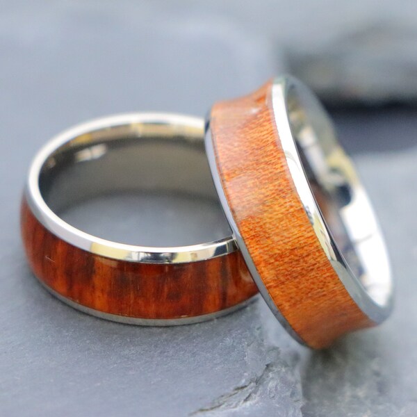 Men's Tungsten Wedding Band, Wood Engagement Ring Engraved, Anniversary Promise Ring for Her, Unique Concave Shape with Rosewood Inlay Rings
