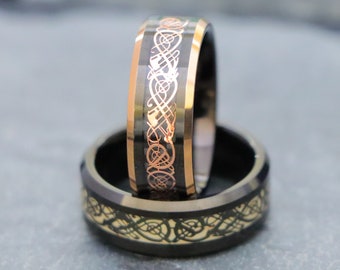Black Celtic Dragon Ring, Tungsten Wedding Rings, Men's Women's Wedding Band, Tungsten Engraved Black Stunning Engagement Ring, Gift for her