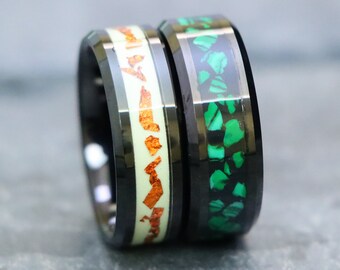 Tungsten Wedding Rings, Anniversary Rings, 8mm Wedding Rings, Unique Copper Scrap Rings, Black IP Plated Laser Engrave Promise Rings For Him