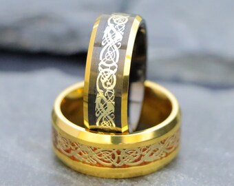 Celtic Wedding Ring, Gold Titanium Ring, Rose Wood Inlay Women Ring, Men's Irish Knot Dragon Ring, Men's Knot Ring, Men's Tungsten Band Ring