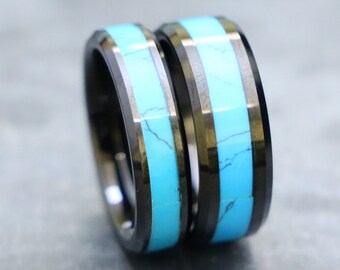 Turquoise Tungsten Ring, Black Wedding Ring, Wedding Band, Anniversary Rings, Couple Engagement Ring, Tungsten Carbide Rings, Beveled Edges