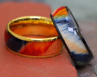 Yellow Gold Mens Ring, Mans Engagement Ring, Anniversary Ring for Him, Black Tungsten Ring, Rosewood Wooden Mans Band, Engraved Promise Ring