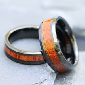 Men&#39;s Wood Ring, Black Tungsten Ring, His And Her Ring, Hawaiian Koa Wood Ring Tungsten Ring 6mm-8mm Band, Wedding Band Matching Couple Ring