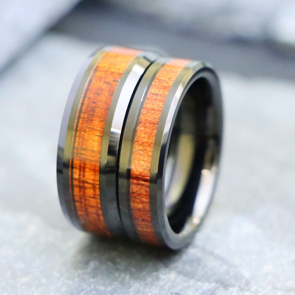 Tungsten Wedding Band Men, Hawaiian Koa Wood Inlay Black Personalized Ring, 8mm/6mm His & Hers Wood Tungsten Ring, Men Tungsten Wedding Band