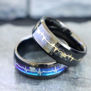 Black Tungsten Carbide Wedding Band, Gold EKG Heartbeat Cut Out Inlay, Men’s Wedding Band, Engagement Rings, Unique Wedding Rings, 8mm Rings