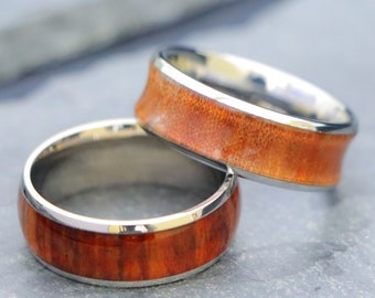 Men's Tungsten Wedding Band, Wood Engagement Ring Engraved, Anniversary Promise Ring for Her, Unique Concave Shape with Rosewood Inlay Rings
