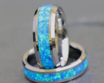 Tungsten Rings with Blue Opal Inlay - Set of 2, Personalized Gift