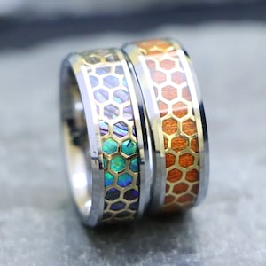 Men&#39;s Anniversary Ring, Unisex Tungsten Wedding Band, Promise Ring for Him, Honeycomb Pattern Abalone Inlay Unique Ring, Laser Engraved Ring