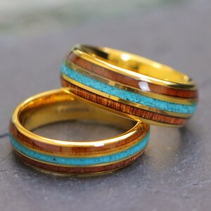 Gold Wedding Band, Couples Engagement Ring, Personalized Ring, Rosewood Inlay Ring, Gold Tungsten Turquoise Wood Inlay Band, Unique Men Ring