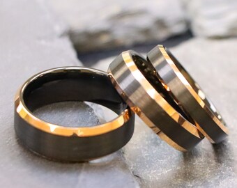 Men's Tungsten Wedding Band, Womens Engagement Rings, Black & rose gold Brushed Ring, Couple Tungsten Rings, Unique Anniversary Gift for Him