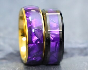 Mens Engagement Rings, Promise Ring for him, 8mm Men's Black Tungsten Wedding Bands, Unique Purple Tiger Cowrie Inlay Ring, Anniversary Gift