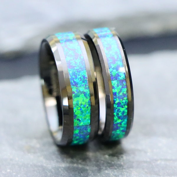 Opal Wedding Band for Couple, Black Opal Bands, 8mm Black Tungsten Green Rings For Men Women, His & Hers Couple's Personalized Wedding Rings